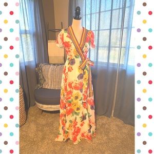 Off-White Floral Print Wrap Shift Maxi Dress